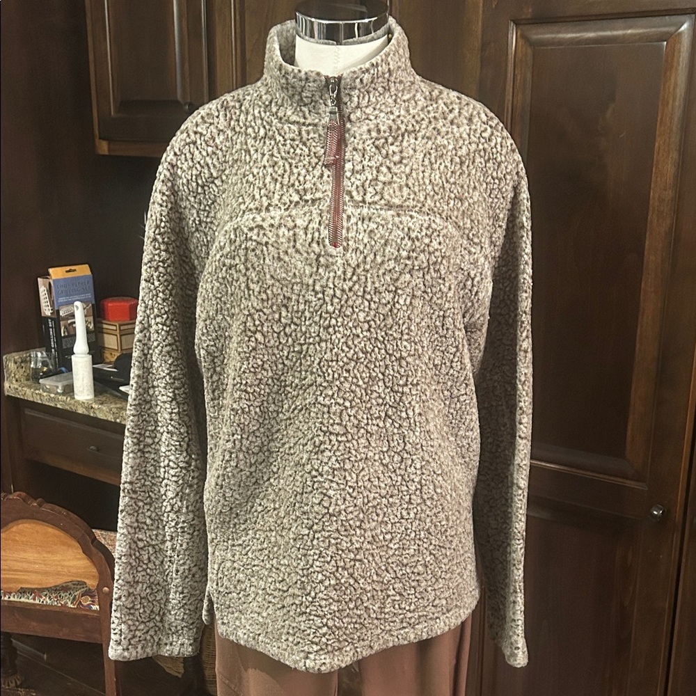True Grit Sz M Cozy Brown Sherpa 1/4 Zip Pullover GUC